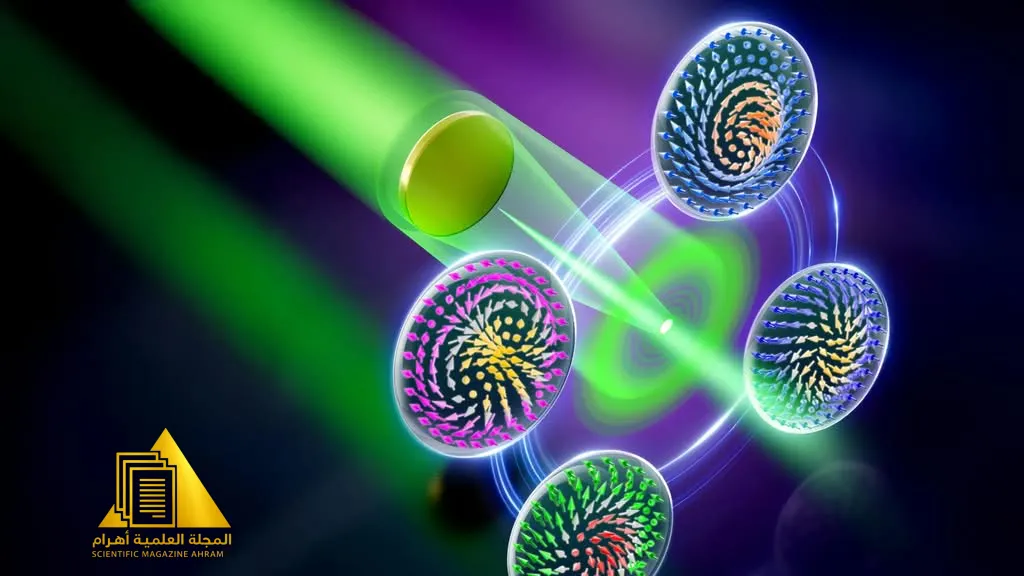 تصميم ثلاثي الأبعاد يوضح تداخل شعاع ليزر حول قرص ميكروسكوبي لإنتاج دوامات ضوئية متوهجة تمهد لحواسيب المستقبل الضوئية.
